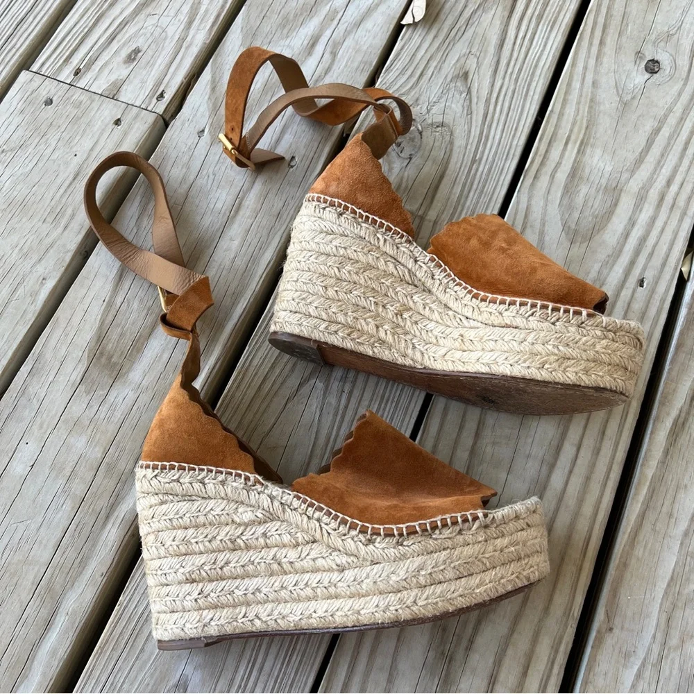 Chloe Lauren 40 Brown Suede Espadrille Wedge Sandals Cognac ankle wrap platform